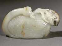 18th Century A celadon and russet jade model of a duck